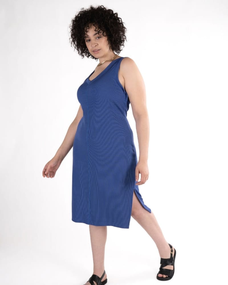 Side of a model wearing a size 0 Cooling V-Neck Tank Dress in Azure Blue by See Rose Go. | dia_product_style_image_id:257798